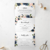 Invitation Trois Volets L'élégant Mariage Floral Gold Blue (Intérieur)