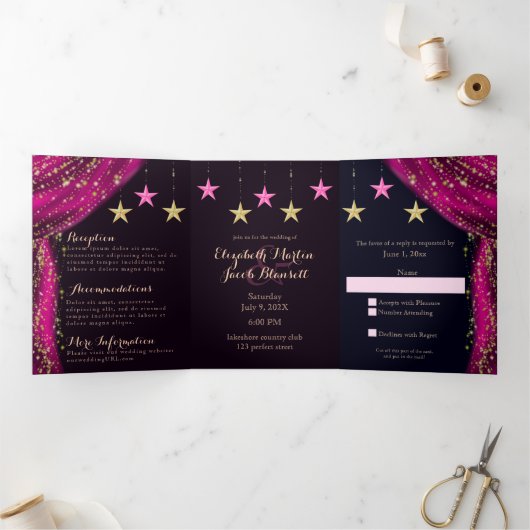 Invitation Trois Volets Les nuits arabes Magenta & Or tout en un Mariage (Intérieur)