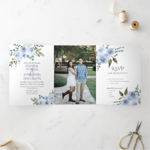 Invitation Trois Volets Light Blue & Navy Watercolor Floral Photo Wedding