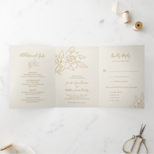 Invitation Trois Volets Ligne d'Ivoire Art Floral Élégant Mariage