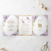 Invitation Trois Volets Lilac doux violet or floral tout en un Mariage (Intérieur)