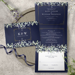 Invitation Trois Volets Lilac Foliage Marine Monogramme bleu Mariage photo