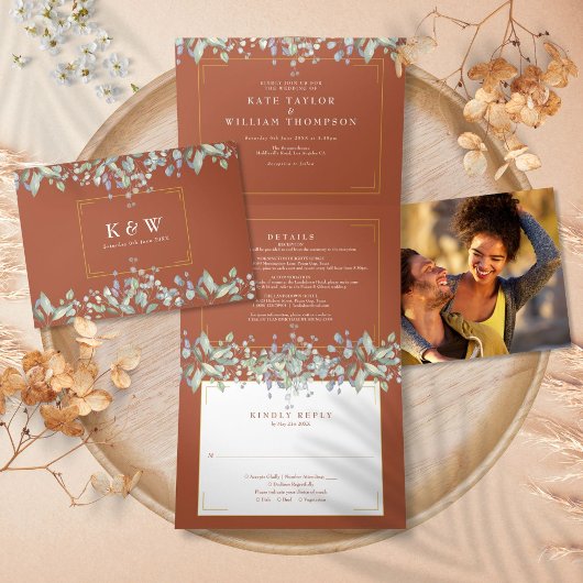 Invitation Trois Volets Lilac Foliage Terracotta Monogramme Mariage photo