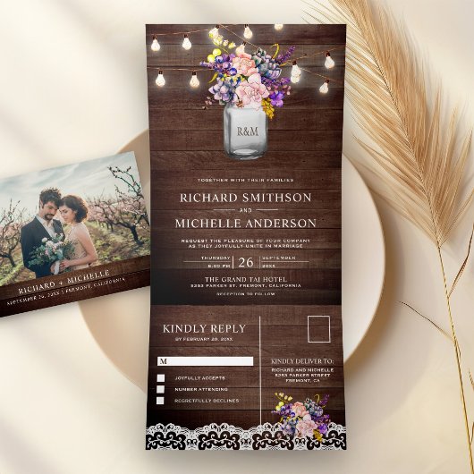 Invitation Trois Volets Lilac Rose Roses Mason Jar String Mariage