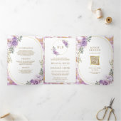 Invitation Trois Volets Lilac violet marbre d'or fleuri tout en un Mariage (Intérieur)
