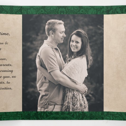 Invitation Trois Volets Livre vert antique Conte de fée Mariage Photo (Intérieur au milieu)