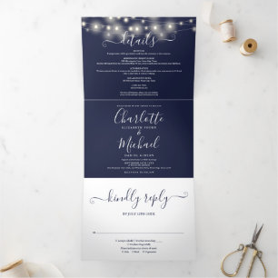 Invitation Trois Volets Lumières à cordes bleues marine Monogramme Mariage