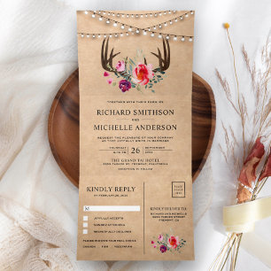 Invitation Trois Volets Lumières à cordes Kraft rustiques pour mariage flo