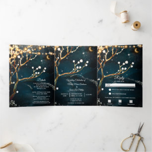 Invitation Trois Volets Lumières d'arbre de soirée rustique mariage trifol
