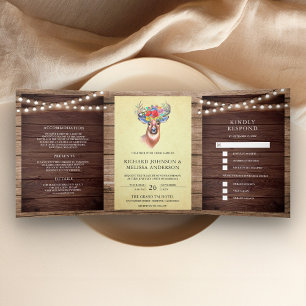 Invitation Trois Volets Lumières de forêt florales bois de cerf mariage