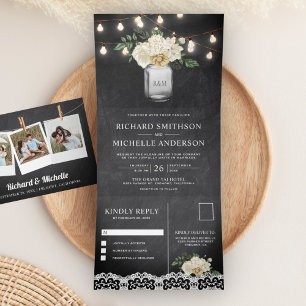 Invitation Trois Volets Lumières de jarre de maçon floral en ivoire de tab