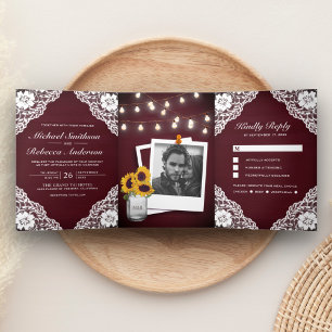 Invitation Trois Volets Lumières de mariage à cordes en bois rustique de B