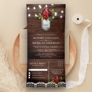 Invitation Trois Volets Lumières de mariage à cordes en pot Mason floral d