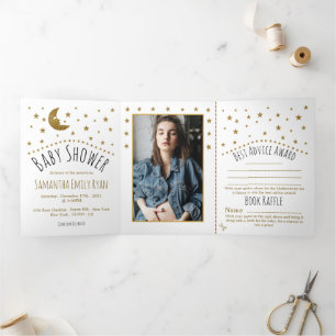 Invitation Trois Volets Lune d'or et étoiles, suite Baby shower