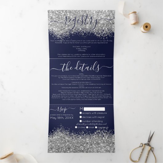Invitation Trois Volets Luxury Silver Navy Parties scintillant Registre Dé (Intérieur)