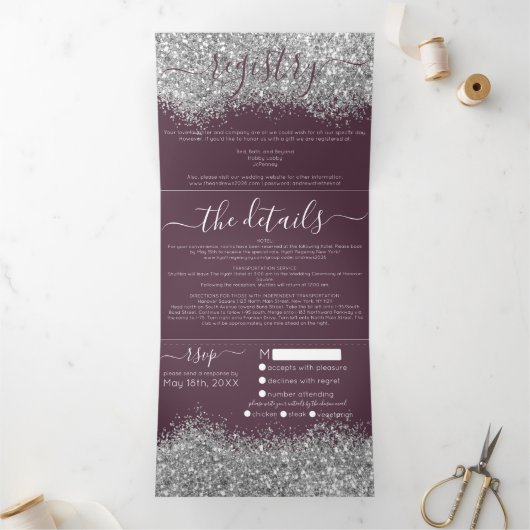 Invitation Trois Volets Luxury Silver Purple Parties scintillant Registre  (Intérieur)