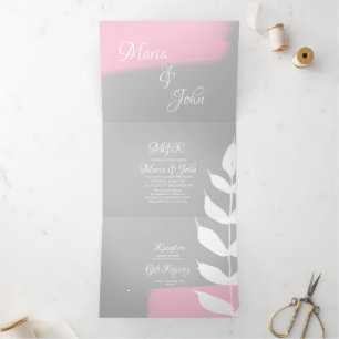 Invitation Trois Volets Magnifique feuille botanique rose pinceau gris mar