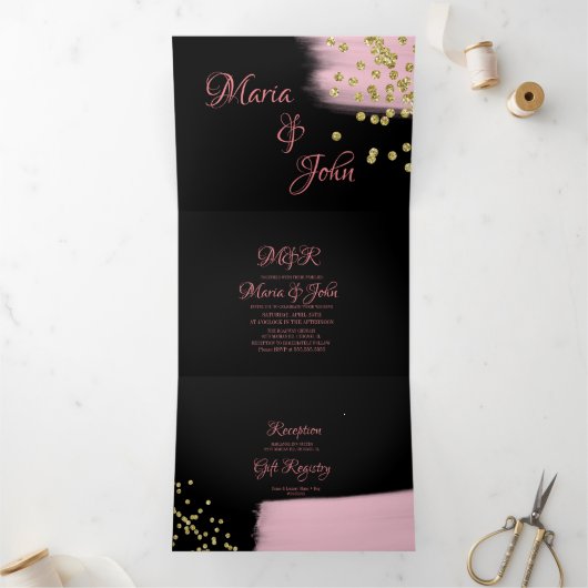Invitation Trois Volets Magnifique Pinceau Rose Glitter Confetti Mariage (Intérieur)