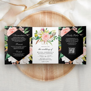 Invitation Trois Volets Magnolia blanche Fleurs roses Mariage Code QR noir