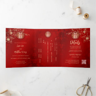 Invitation Trois Volets Magnolia rouge   Mariage chinois
