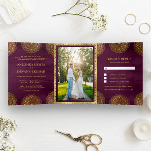 Invitation Trois Volets Mandala Asiatique Mariage Indien Prune et Or