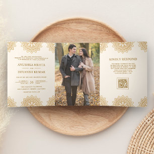 Invitation Trois Volets Mandala Ethnique Code QR Mariage Indien Brun Ivoir