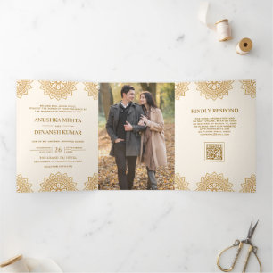 Invitation Trois Volets Mandala Ethnique Code QR Mariage Indien Brun Ivoir