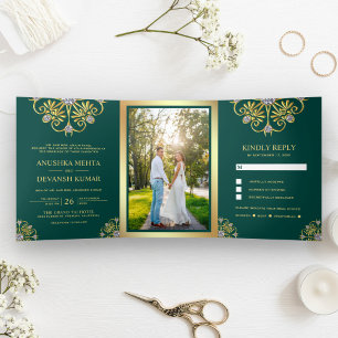 Invitation Trois Volets Mandala Traditionnel Vert et Or Mariage Indien