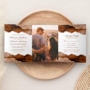 Invitation Trois Volets Marbre Agate Terracotta Orange Brûlé Photo Mariage