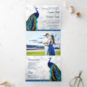 Invitation Trois Volets Marbre blanc Blue Indian Peacock Mariage (Intérieur)