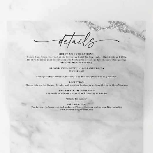 Invitation Trois Volets Marbre blanc chic avec Mariage à huile d'argent (Intérieur en premier)