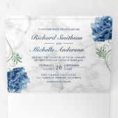Invitation Trois Volets Marbre blanc Dusty Blue Hydrangea Floral Mariage (Intérieur en premier)