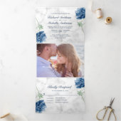Invitation Trois Volets Marbre blanc Dusty Blue Hydrangea Floral Mariage (Intérieur)