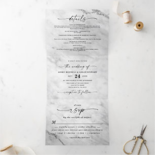 Invitation Trois Volets Marbre blanc élégant avec Mariage à huile d'argent