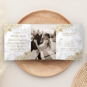 Invitation Trois Volets Marbre blanc et or dentelle Mariage photo
