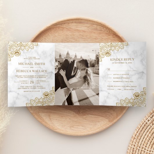 Invitation Trois Volets Marbre blanc et or dentelle Mariage photo
