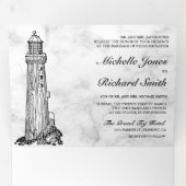 Invitation Trois Volets Marbre blanc Phare Voilier Mariage nautique (Intérieur en premier)