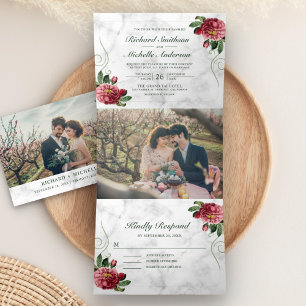 Invitation Trois Volets Marbre blanc Rustique rose Hydrangea Floral Mariag
