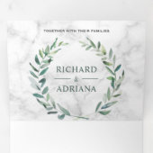Invitation Trois Volets Marbre blanc vert feuille d'olive Mariage photo (Intérieur en premier)