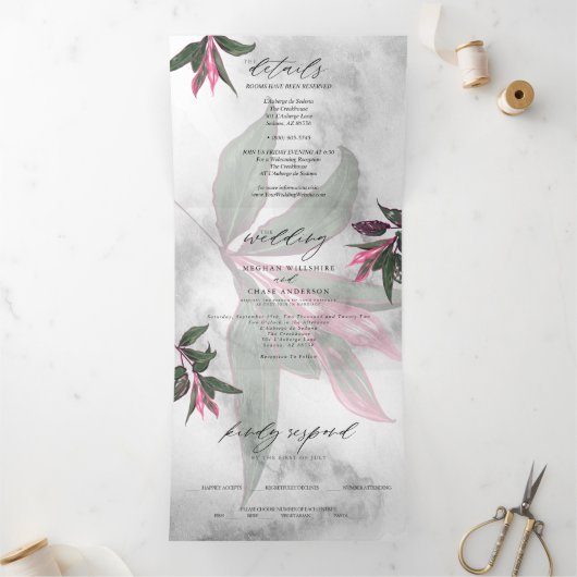 Invitation Trois Volets Marbre gris Tropical Pink Princess Philodendron (Intérieur)