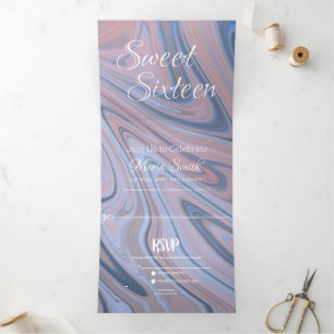 Invitation Trois Volets Marbre Liquide Sucré Élégant Agate Blush Navy