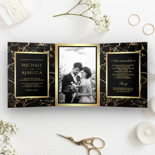 Invitation Trois Volets Marbre Noir Or Faux Gold Foil Mariage photo