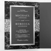 Invitation Trois Volets Marbre noir Parties scintillant argent gris foncé  (Intérieur en premier)