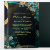 Invitation Trois Volets Marbre Turquoise foncé en or floral QR Code Mariag (Intérieur en premier)