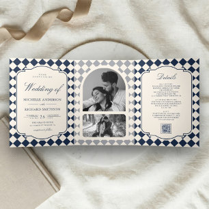 Invitation Trois Volets Mariage à carreaux bleu marine ivoire à l'ancienne