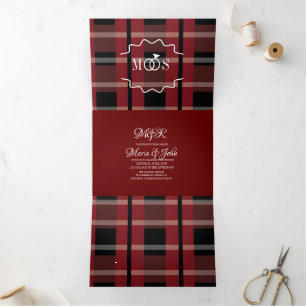 Invitation Trois Volets Mariage à carreaux noirs de Bourgogne avec logo de