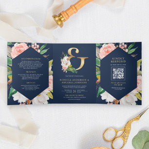 Invitation Trois Volets Mariage à code QR Blush Rose Floral Esperluette Na