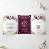 Invitation Trois Volets Mariage à code QR esperluette florale prune rose (Intérieur)