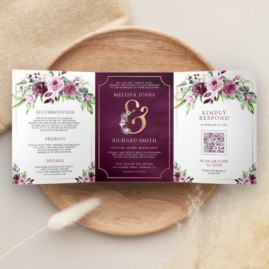 Invitation Trois Volets Mariage à code QR esperluette florale prune rose