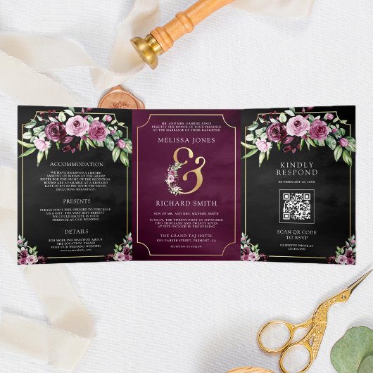 Invitation Trois Volets Mariage à code QR esperluette florale prune rose e
